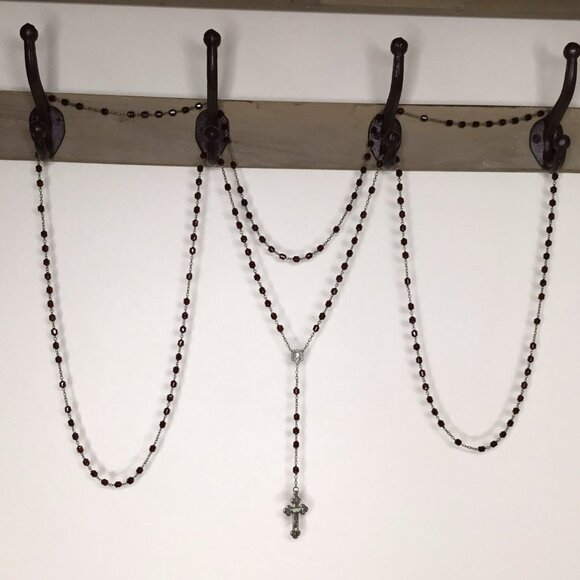 VTG Italian Luminous Rosary Necklace Burgundy Glass Bead Roma Glow Crucifix 47" - Picture 7 of 14